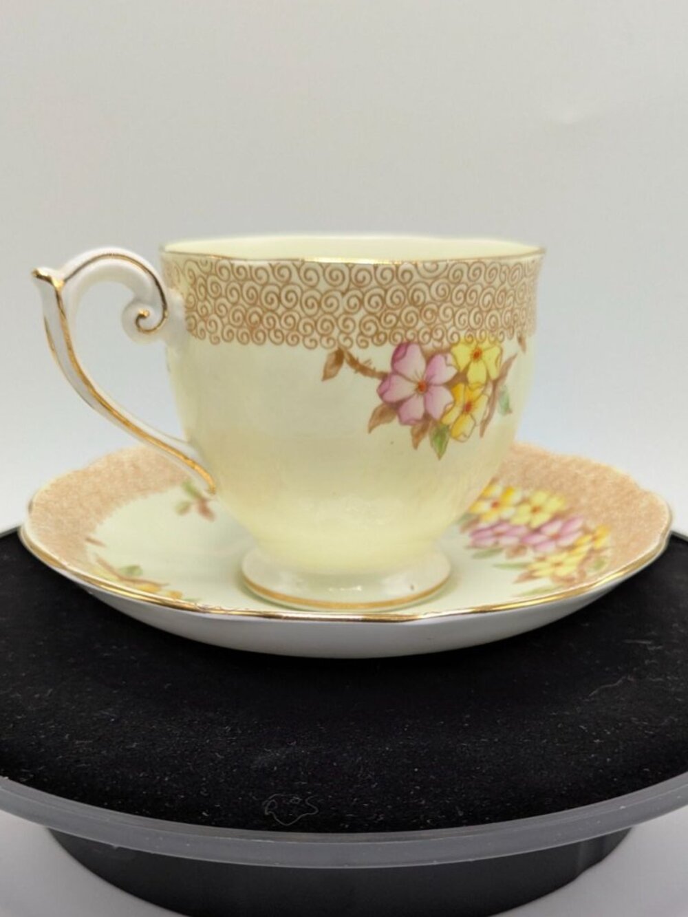 Bell China England Bone China Teacup Saucer Hand Painted Floral Gold Trim